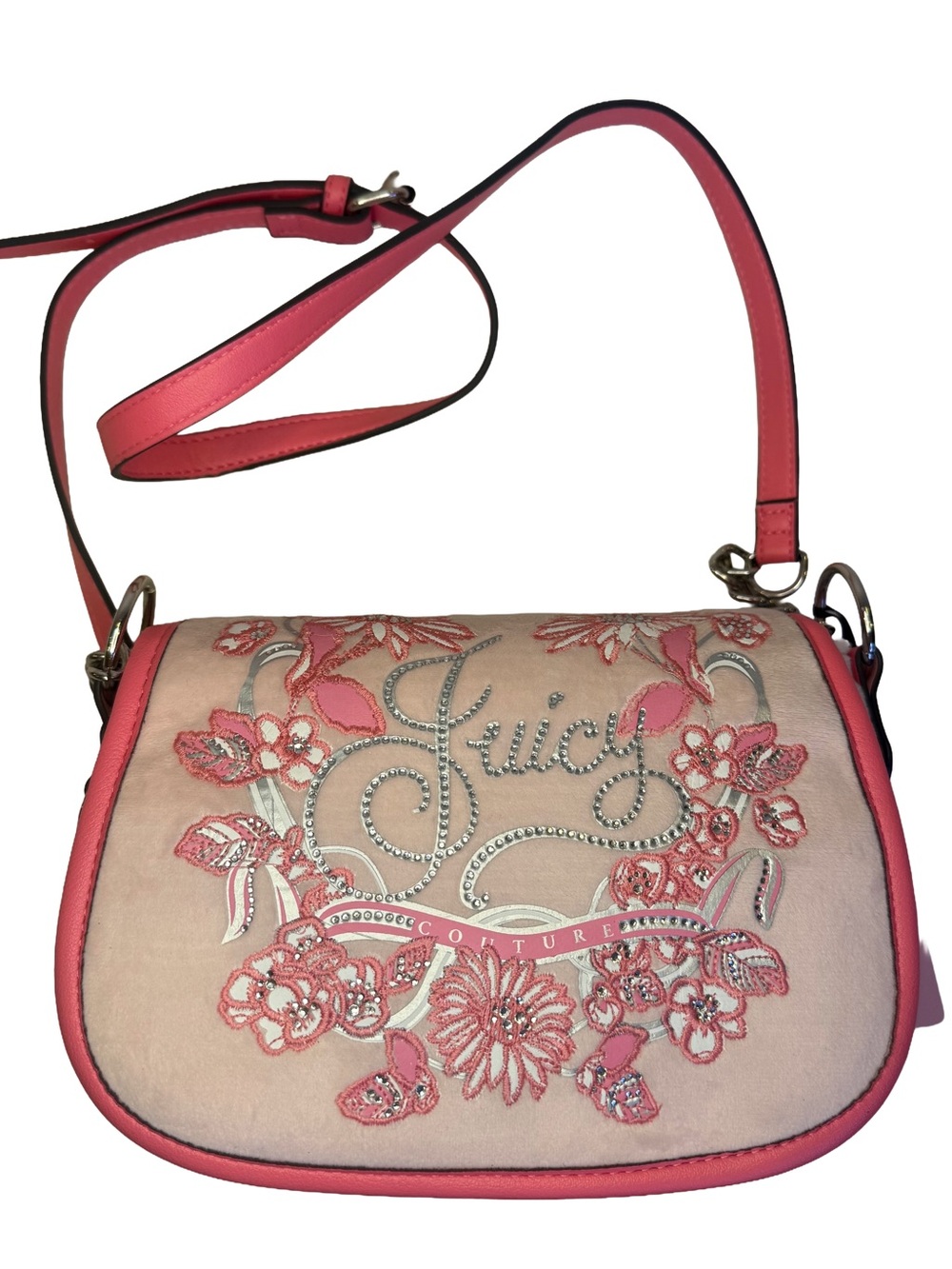 Juicy Couture In Bloom Crossbody Pink Powder Blush Velour Rhinestone Floral NWT